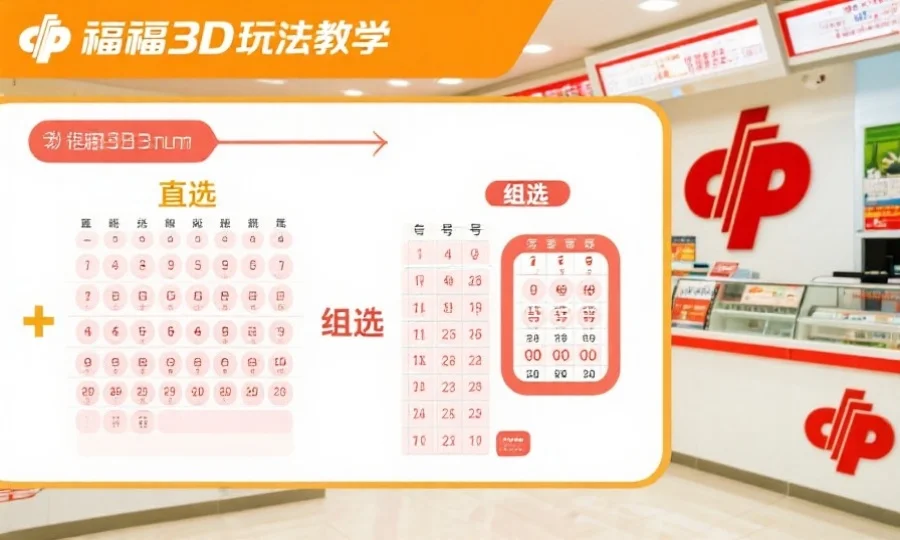 一张福彩3D玩法教学示意图,图中清楚展示直选和组选的选号区别,背景为明亮的彩票柜台